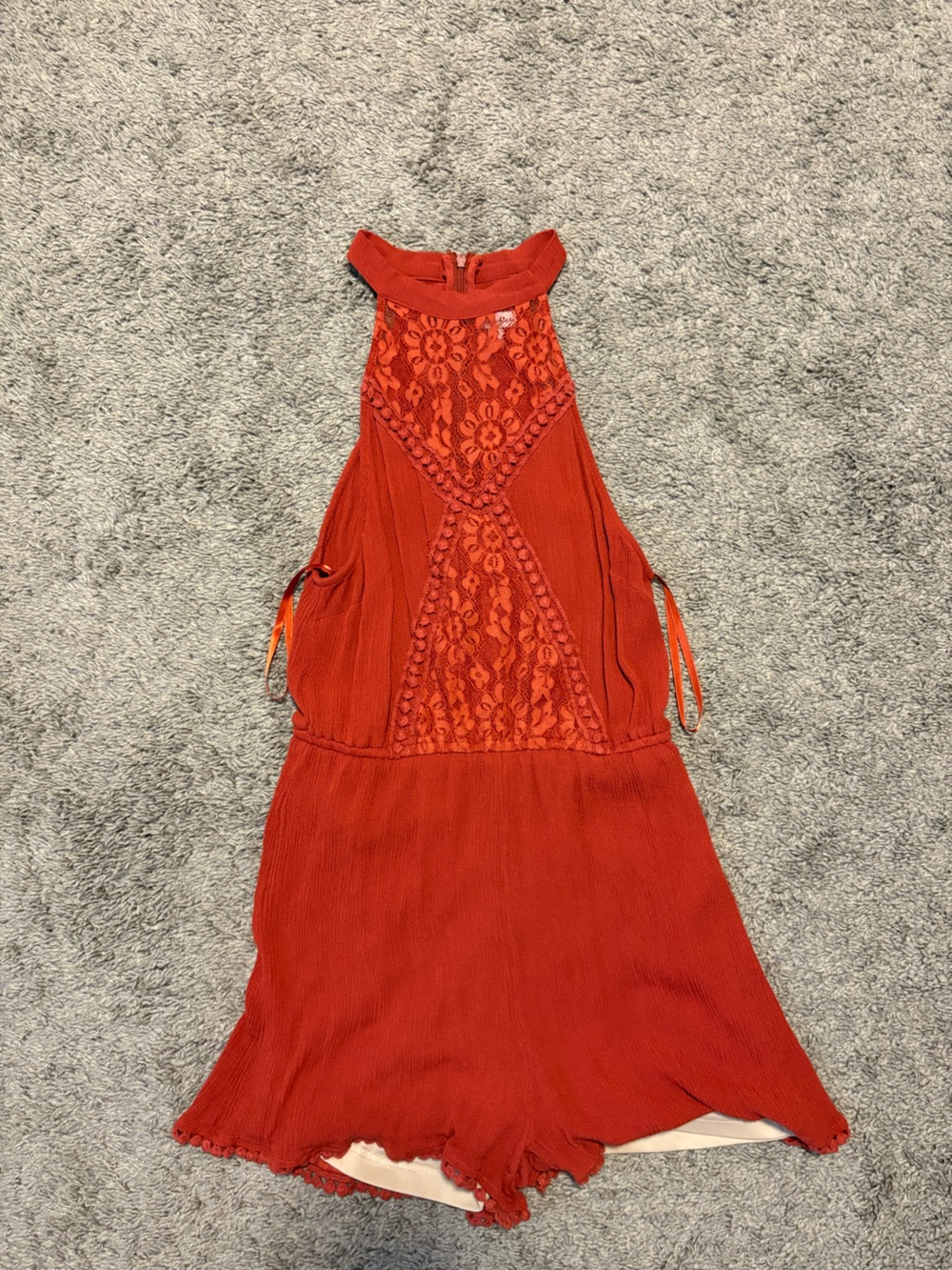 love, Fire burnt orange Lace-Backless Halter Romper